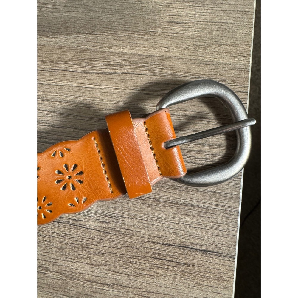 Cognac Brown Scalloped Floral Cutout Belt Silver Buckle 2XL Leather‎ Lining - Picture 7 of 12
